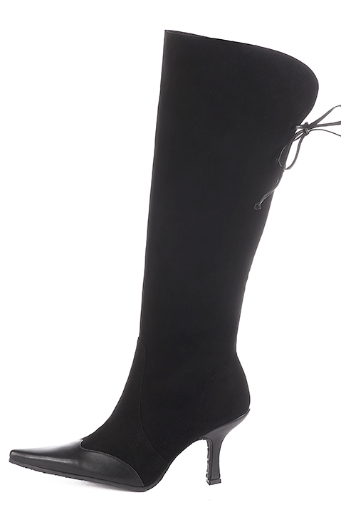 Satin black women's knee-high boots, with laces at the back. Pointed toe. High spool heels. Made to measure. Profile view - Florence KOOIJMAN